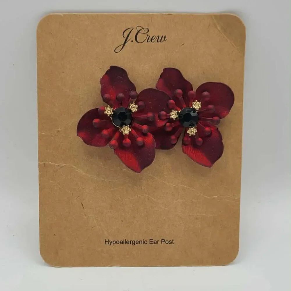 J Crew Deep Crimson Floral Earrings NWT!